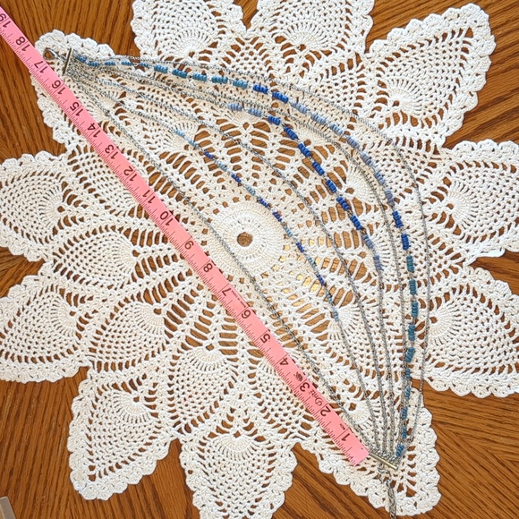 Graduated Layer 17 Inch Necklace With Blue Beads on Silver Tone Chains - Picture 6 of 9